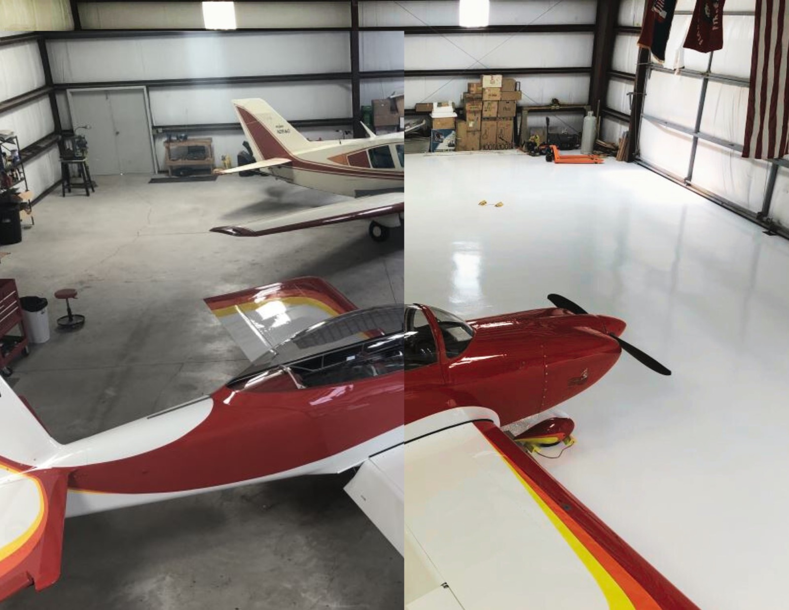 Aircraft hangar floor with an epoxy coating, before and after
